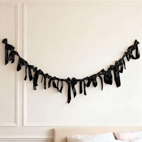 Meseey Black Satin Bow Garland Banner Coquette Bachelorette Party Decor,Bridal Shower Backdrop,Wedding & Engagement Party Supplies,Birthday Decoration,Photo Booth Props(Black) - color: Black