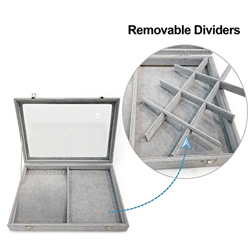 Ice Velvet Jewelry Box Display Case with a Clear Glass Window,10 Hooks Necklace Organizer Box and 12 Grids for Earrings Rings Storage Grey - color: 12 Grids & 10 Necklace Hooks