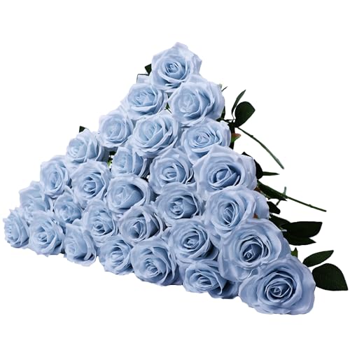 LVEFIT 30 pcs Artificial Rose Flower Light Blue Rose Flower with Long Stem Silk Roses Bouquet for Wedding Bridal Shower Party Home Decoration - color: Light Blue, size: 30pcs