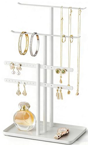pickpiff Jewelry Stand Organizer, 14.5" Tall Sturdy Metal, 3-TierJewelry Holder for Necklace, Earring, Bracelet, Ring, Hanger for Display and Storage, Aesthetic Room Decor, White - color: White, size: 14.5" Height