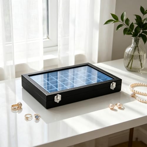 Stratalife Jewelry Organizer 48 Grid Jewelry Tray with Clear Lid Dust-proof Velvet Earring Organizer Necklace Rings Holder Display Drawer Storage Case for Women Blue Black - color: Blue-Black, size: 48 Grid