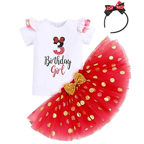 IBTOM CASTLE Cake Smash Half 1st 2nd 3rd Birthday Girl Princess Polka Dots Ruffle Skirt Set ONE Party Costume Headband - color: Red-3rd, size: 3T