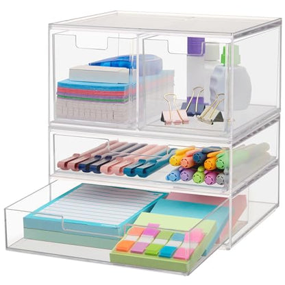 STORi Chloe Space-Saving Clear Drawer Organizer (4 Drawer Set) Sort Office, Kitchen, Beauty Supplies, Makeup, Pens, Jewelry, Stationary, Made in USA - style: Combo Drawer Set