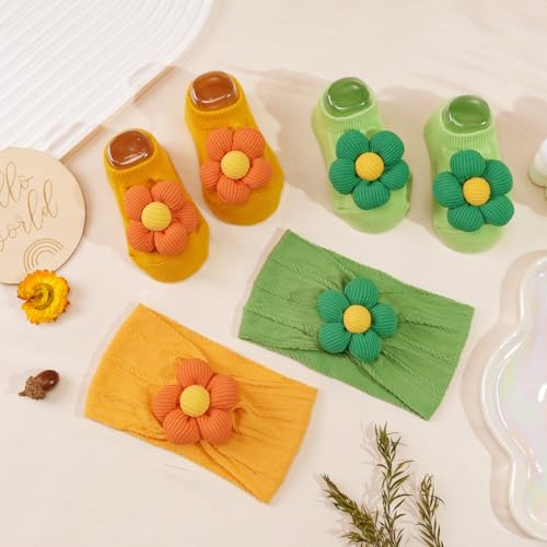 CÉLLOT Baby Girl Headband and Socks, Non-Slip Floral Socks and Soft Floral Nylon Hairbands for Babies Infants and Toddlers (Salmon+Yellow+Green) - color: Salmon+Yellow+Green