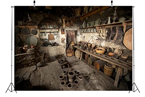 BELECO 9x6ft Fabric Rustic Old Rural Farmhouse Kitchen Backdrop Interior Pottery Kitchen Appliance Cooking Background Backdrop Countryside Theme Party Church Event Portrait Photo Studio Props - size: 9x6FT