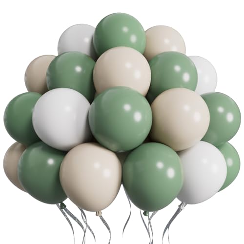 SUWEN Sage Green Balloons 60Pcs,12 inch Olive Green Sand White Latex Balloons for Boho Neutral Birthday Bridal Wedding Engagement Shower Party Decorations - color: Sage Greeen