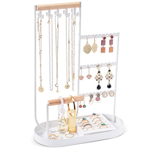 ProCase Jewelry Organizer Tower, 10 Hooks Jewelry Storage Rack Tree Holder Stand with Velvet Ring Display Tray for Necklaces Bracelets Earrings Rings Watches -White - color: White