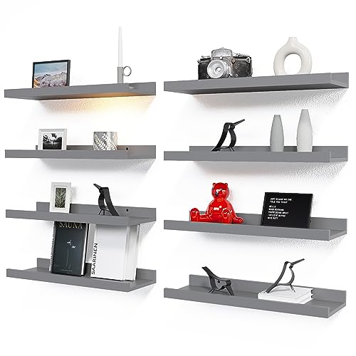 RICHER HOUSE 8 Set Floating Wall Mounted Shelves, Nursery Hanging Book Shelves with Lip for Storage, Gray Display Picture Ledge Shelf for Bedroom Bathroom Kitchen Living Room Wall Decor, Modern Grey - color: Grey, size: 8pcs*15.75in