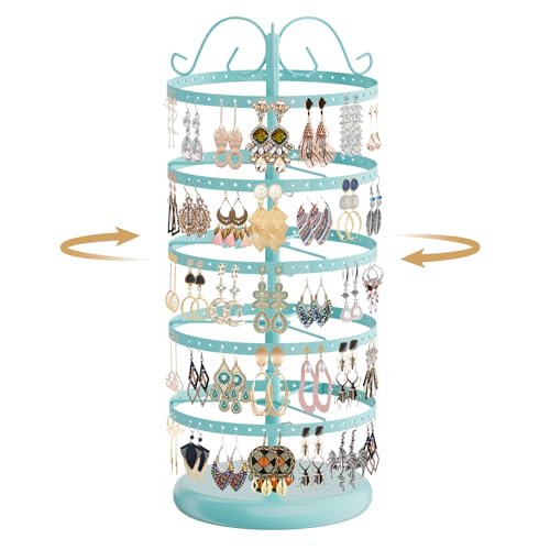 MODOWEY Rotating Earring Holder Organizer Stand, 5 Tier Metal Tree Display for Women Vendors, 220 Holes Adjustable Jewelry rack for Stud Hoop Dangle Storage, Trendy Carousel Keeps Dresser Neat, Blue - color: Blue, size: 5 Tier, 220 Holes