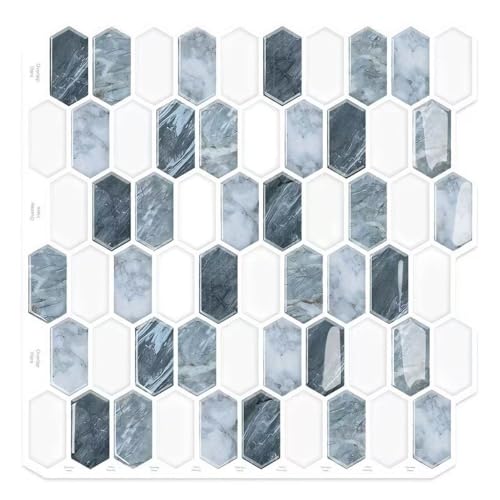 10-Sheet Backsplash Peel and Stick Tile Faux Marble 12"x12" White Blue Long Hexagon Self-Adhesive Glossy Heat Resistant Waterproof 3D Wall Panel Stick on Backsplash Kitchen Bathroom RV Fireplace - size: 12''x12''