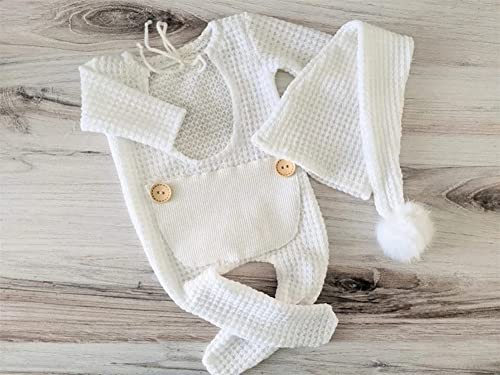 Coberllus Newborn Photography Props Outfit Fabric Sleepy Knot Hat & Footed Romper Bodysuit for Baby Boys Girls Photoshoot - color: Extra White