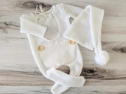Coberllus Newborn Photography Props Outfit Fabric Sleepy Knot Hat & Footed Romper Bodysuit for Baby Boys Girls Photoshoot - color: Extra White