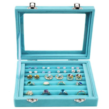 Jewelry Box Rings Organizer Tray 7 Slots Velvet Jewelry Earring Storage Box With Transparent Lid Jewelry Display Case for Girls Women (Light Blue) - color: Light Blue