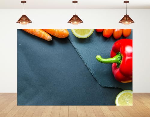 7x7ft Fresh Vegetable Flat Lay Backdrop Red Pepper Carrots Lemon Tomatoes Slate Board Photography Background for Food Styling Healthy Cooking Decorations Tapestry Photo Booth Props - size: 7x7ft
