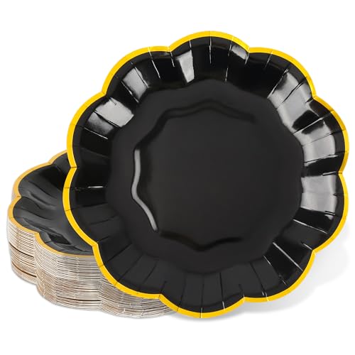 AimFun 48 Pcs Graduation Black and Gold Scalloped Paper Plates 7 Inch Disposable Dessert Plates with Gold Foil Elegant Cake Plate for Wedding Birthday Baby Shower Party Supplies - color: Black