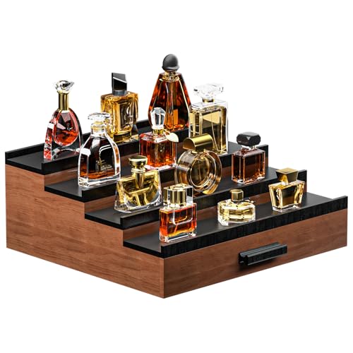 Vdamu Cologne Organizer for Men,4 Tier of Elevated Cologne Display Stand with Drawer Storage,Ladder Cologne Display,Perfume Organizer and Storage Display Risers,Great Gift for Men (Walnut Black) - color: WalnutBlack