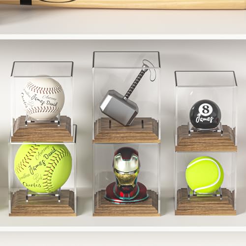 Baseball Case Display for Balls Walnut Wood Base Acrylic Baseball Display Case Baseball Holder Stand Cube Memorabilia Showcase Autograph Ball Protector for Official Size Ball Display