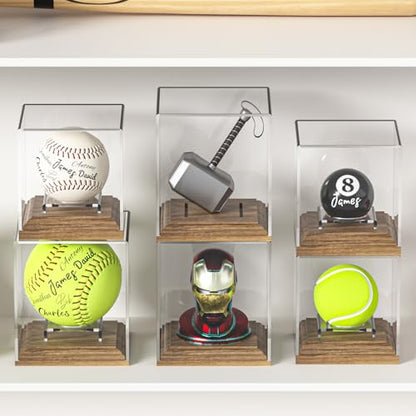 Baseball Case Display for Balls Walnut Wood Base Acrylic Baseball Display Case Baseball Holder Stand Cube Memorabilia Showcase Autograph Ball Protector for Official Size Ball Display