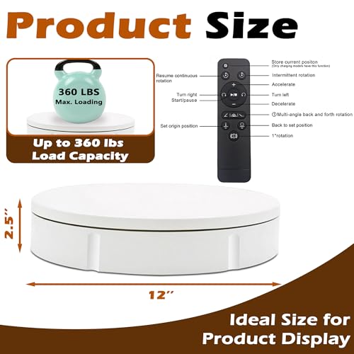 PROLEE Rotating Platform 12Inch/360lbs Capacity, 360 Degree Rotating Display Stand, Rotating Turntable for Photography, Remote Motorized Electric Turntable with 5 Colour Surface Covers and Carry Bag - color: White