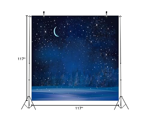 BELECO 10x10ft Fabric Winter Wonderland Night Snowfall Backdrop Blue Starry Sky Moon Stars Snowflakes Fir Trees Pine Forest Snow Scene Background Christmas New Year Party Decoration Photo Studio Props - size: 10x10FT