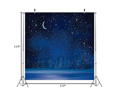 BELECO 10x10ft Fabric Winter Wonderland Night Snowfall Backdrop Blue Starry Sky Moon Stars Snowflakes Fir Trees Pine Forest Snow Scene Background Christmas New Year Party Decoration Photo Studio Props - size: 10x10FT