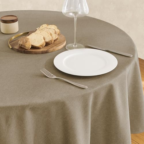Veblandy Tablecloth Linen Textured Waterproof & Stain Resistant Table Cloth Wrinkle Free Decorative Fabric Farmhouse Table Cover for Dining/Party/Buffet/Wedding, 60 x 60 Inch, Mocha - color: Mocha, size: 60" (Round)