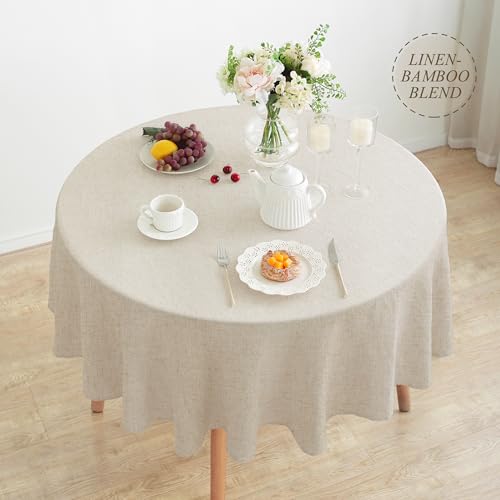 Linen World Round Linen Blend Tablecloth 90" Inch,Linen Loook Soft Cool & Breathable,Machine Washable Natural Table Cloth for Dining,Kitchen,Outdoor,Decorative Thanksgiving Christmas - color: Natural, size: 90" (Round)