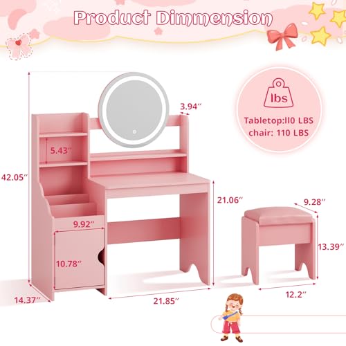 Vabches Kids Vanity with Lights, Princess Makeup Vanity Desk with Open Bookshelf, Storage Cabinet & Shelves, Toddler Vanity Table and Chair Set, Pretend Play Vanity Set for Little Girls, Pink - style: Pink