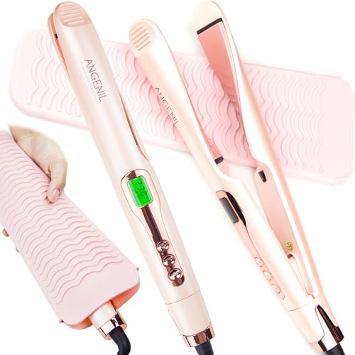 ANGENIL Pro Hair Straightener and Curler 2 in 1, Twist Flat Iron Hair Straightener for Women, Dual Voltage Round Pink Flat Iron with Anti-Scalding Silicone Mat, 11 Adjustable Temp for All Hair Types - color: Pink