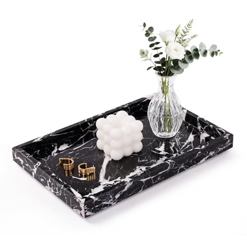 Marble Bathroom Tray for Countertop & Home Decor, Natural Decorative Marble Tray for Jewelry & Perfume Organizer, Luxury Stone Vanity Trays for Dresser, Kitchen Counter, 12" x 8", Black - color: Black
