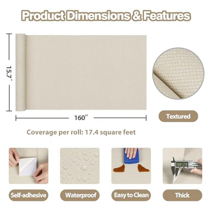 Beige Grasscloth Peel and Stick Wallpaper Textured Grass Cloth Rattan Wallpaper for Furniture Bedroom Cabinet Shelf Liner 15.7"x160" Self Adhesive Linen Woven Wall Paper Basket Contact Paper