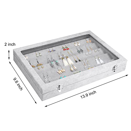 Siveit Earring Organizer Tray Velvet Earring Display Organizer Storage Box Premium 110 Slot 55 Pair Earring Display Organizer with Transparent Glass Cover Suitable for Women and Girls (Grey) - color: Grey