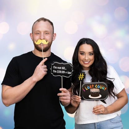 60th Birthday Photo Booth Props - 31-pc Selfie Props with 8 x 10-Inch Sign, 45 Adhesive Pads, 35 Sticks - Birthday Decorations