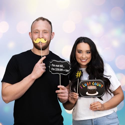 60th Birthday Photo Booth Props - 31-pc Selfie Props with 8 x 10-Inch Sign, 45 Adhesive Pads, 35 Sticks - Birthday Decorations