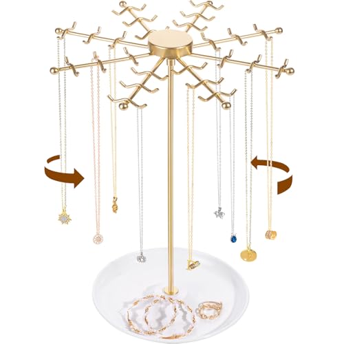 Rotating Necklace Holder Jewelry Stand, Gold Necklace Organizer Display with 48 W-shaped Hooks,Jewelry Organizer for Necklaces Earrings Rings Storage Tree, Presents for Women - color: gold-1pcs