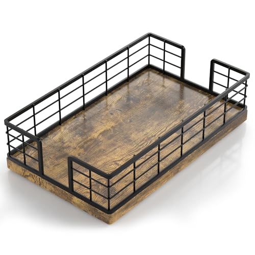 Wican Guest Towel Holder Tray for Bathroom, Wood and Iron Napkins Holder for Powder Room Dinning Table Wooden Basket for Disposable Paper Hand Towels Black & Vintage Brown - color: Black & Vintage Brown, size: 9.06 x 5.51 x 2.56 inchs