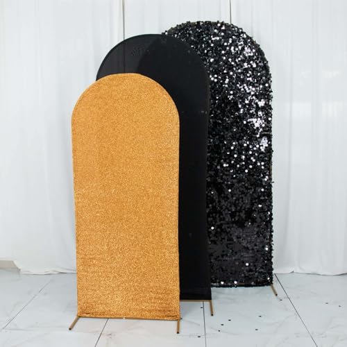 Efavormart Set of 3 Black Gold Chiara Arch Backdrop Covers (7ft/6ft/5ft), Round Top Snug Fit, Double-Sided Big Sequin, Tinsel & Spandex Mixed Texture for Anniversary, Gala, Events - color: Black/Gold