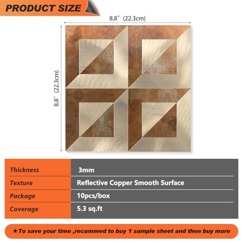10-Sheets Stunning 3D Visuals Peel and Stick Backsplash Wall Tiles, PVC Mixed Metallic Look,Heat Resistant Stick on Tiles for Kitchen Wall, Bathroom, Laundry Room(Retro Brown + Light Gold) - color: Retro Brown + Light Gold