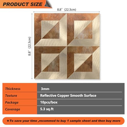 10-Sheets Stunning 3D Visuals Peel and Stick Backsplash Wall Tiles, PVC Mixed Metallic Look,Heat Resistant Stick on Tiles for Kitchen Wall, Bathroom, Laundry Room(Retro Brown + Light Gold) - color: Retro Brown + Light Gold