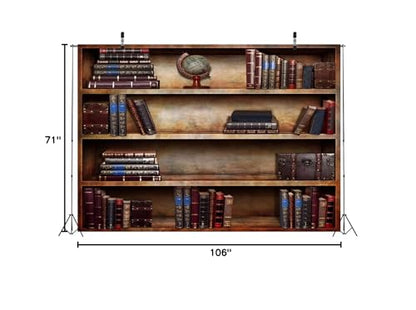 BELECO 9x6ft Fabric Old Bookshelf Backdrop Brown Wooden Bookcase Hardcover Books Globe Background Students Teachers Graduates Artistic Portrait Shooting Online Teaching Background Video Studio Props - size: 9x6FT