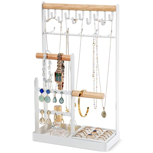 ProCase Jewelry Organizer Jewelry Stand Jewelry Holder Organizer, 4-Tier Necklace Organizer with Ring Tray, Large Aesthetic Jewelry Tower Storage Rack Tree for Bracelets Earrings Rings -Large, White - color: White, size: 13.4" Height