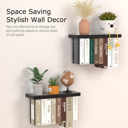 Tohiasen Floating Book Shelves for Wall Mounted Set of 2, Wood Hanging Bookshelf, Book Display Shelf for Wall, Unique Space Saving Book Shelf Wall Book Holder (Black) - color: Black
