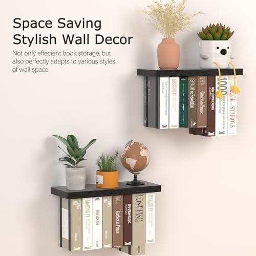 Tohiasen Floating Book Shelves for Wall Mounted Set of 2, Wood Hanging Bookshelf, Book Display Shelf for Wall, Unique Space Saving Book Shelf Wall Book Holder (Black) - color: Black
