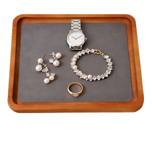 Wooden Jewelry Display Tray Rounded Rectangle Ring Showcase Stackable Elegant Bracelet Watch Jewelry Organizer for Personal Use and Commerce (Gray, Large-W 7'' x H 0.6'' x L 7.9'') - color: Gray, size: Large-w 7'' X H 0.6'' X L 7.9''