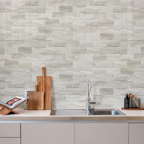 Vamos Tile 100-Piece Matt Beige Mixed Grey Slate Peel and Stick Backsplash Seamless Tile,3''x6'' PVC Subway Tile,Stick on Backsplash for Kitchen/Bathroom/Laundry Room - color: Beige & Grey Slate