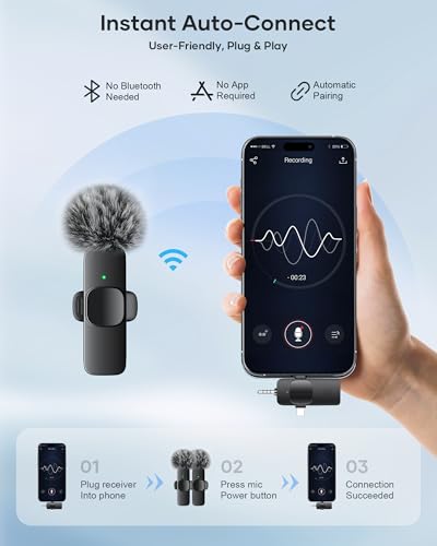 KUKIHO 3-in-1 Wireless Lavalier Microphone for iPhone, iPad, Android, Camera - Noise-Canceling Mini Mic with 2.4G Ultra-Low Latency for Vlog, TikTok & YouTube Streaming (2 Mics) - color: Gloss Black, size: Without Case