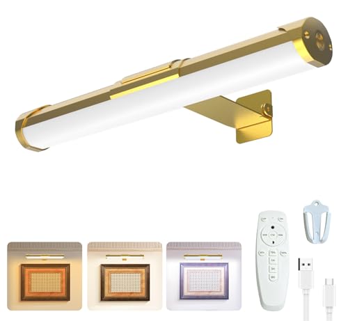 MIOBLUE Picture Light with Remote and Timer, 13.8in Rechargeable Picture Light with 3 Color Modes, Dimmable Cordless Painting Light for Wall Display, Gallery Artwork, Portraits, Dartboards - color: Gold, size: 13.8inch