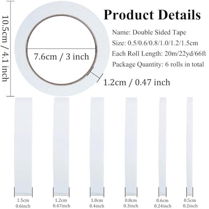 SmaringWing Double Sided Tape for Crafts, 6 Rolls Multi-Size Double-Sided Adhesive Tape for Arts, Photography, Gift Box, Scrapbooking, Card Making, Paper Backing - size: 5mm/ 6mm/ 8mm/ 10mm/ 12mm/ 15mm