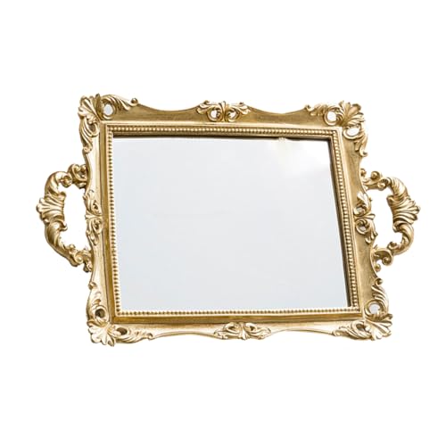 Retro Carved Nordic Style Storage Mirror Tray Golden Vintage Decorative Plate for Wedding Party Makeup Vanity Organizer Resin Glass Material Elegant Photo Prop and Home