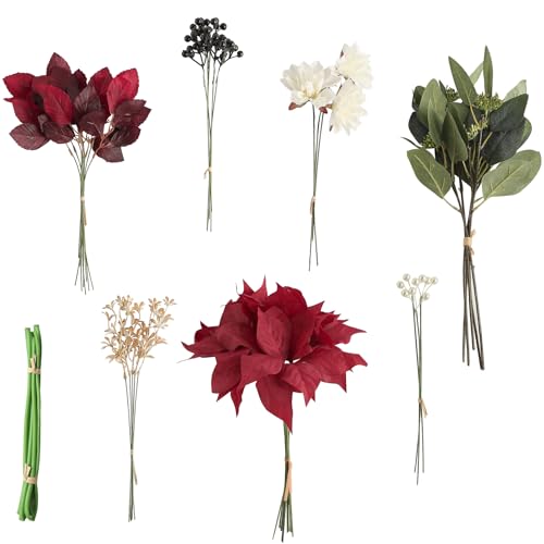 Floroom Artificial Greenery Stems Box Set, 41pcs with 7 Kinds of Faux Greenery Flowers Picks for DIY Bridal Bouquets Wedding Floral Arrangement Table Centerpieces, Marsala & Ivory - color: Marsala & Ivory
